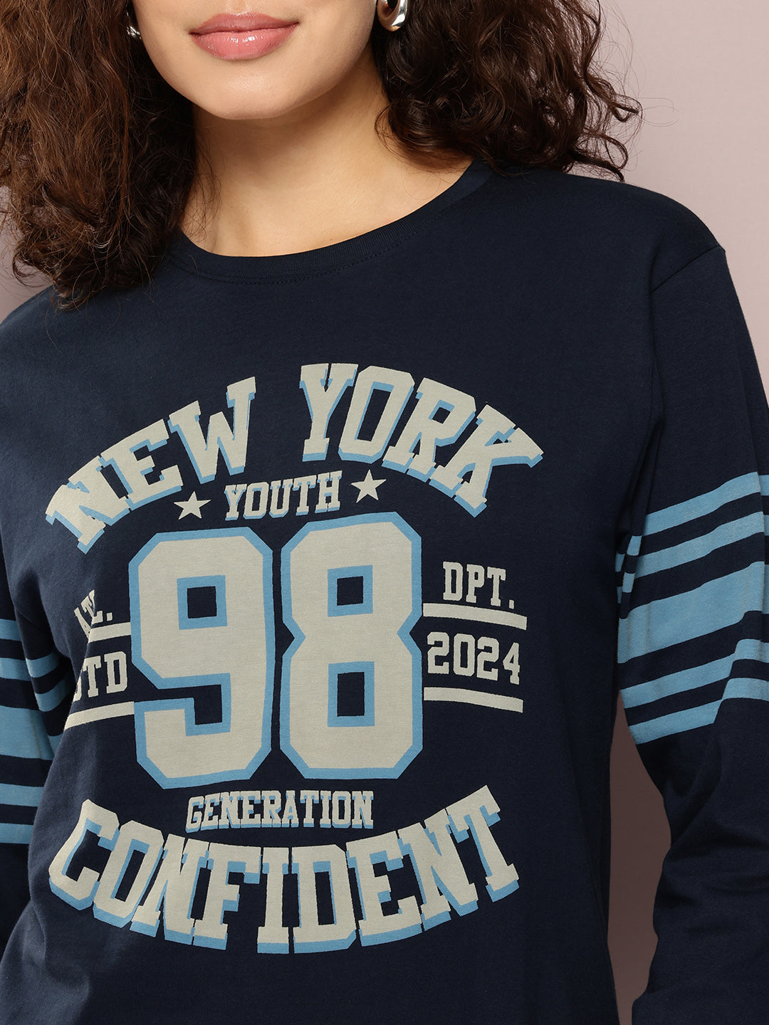 Womens Full Sleeve Round Neck Printed Oversized Fit Tshirts