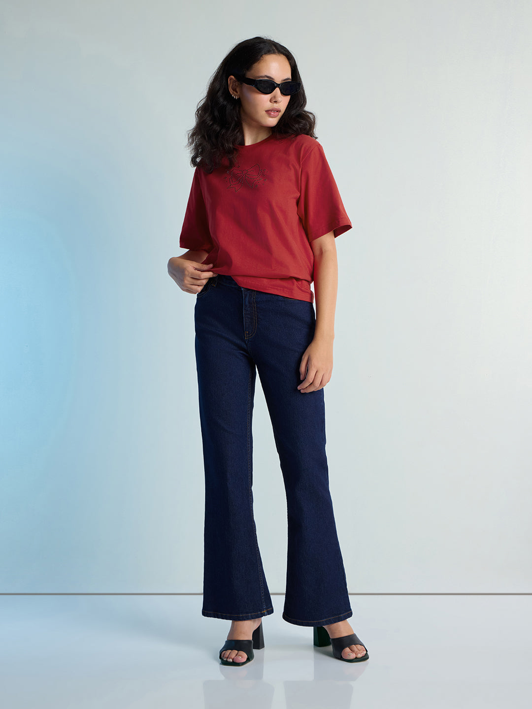 Womens Stud Detailed Oversized Round Neck Tshirt 