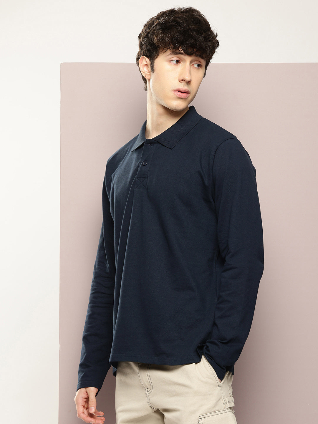 Mens Full Sleeve Polo Neck Solid Oversized Fit Tshirts