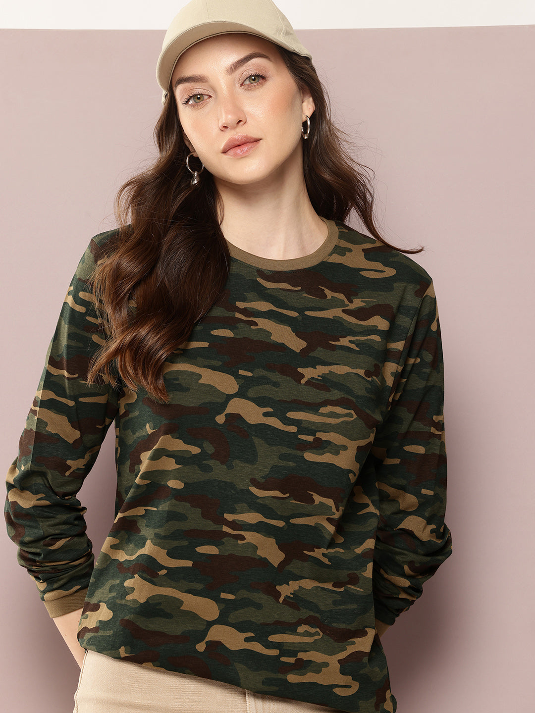 Womens Full Sleeve Round Neck All-Over Printed Oversized Fit Tshirts