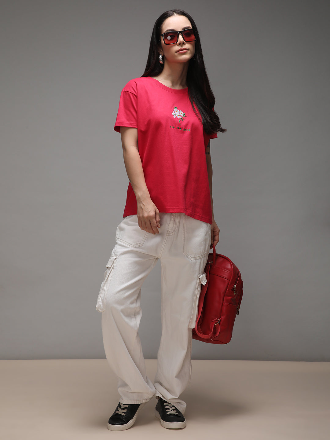 Womens Half Sleeve Round Neck Embroidery Boxy Fit Tshirts