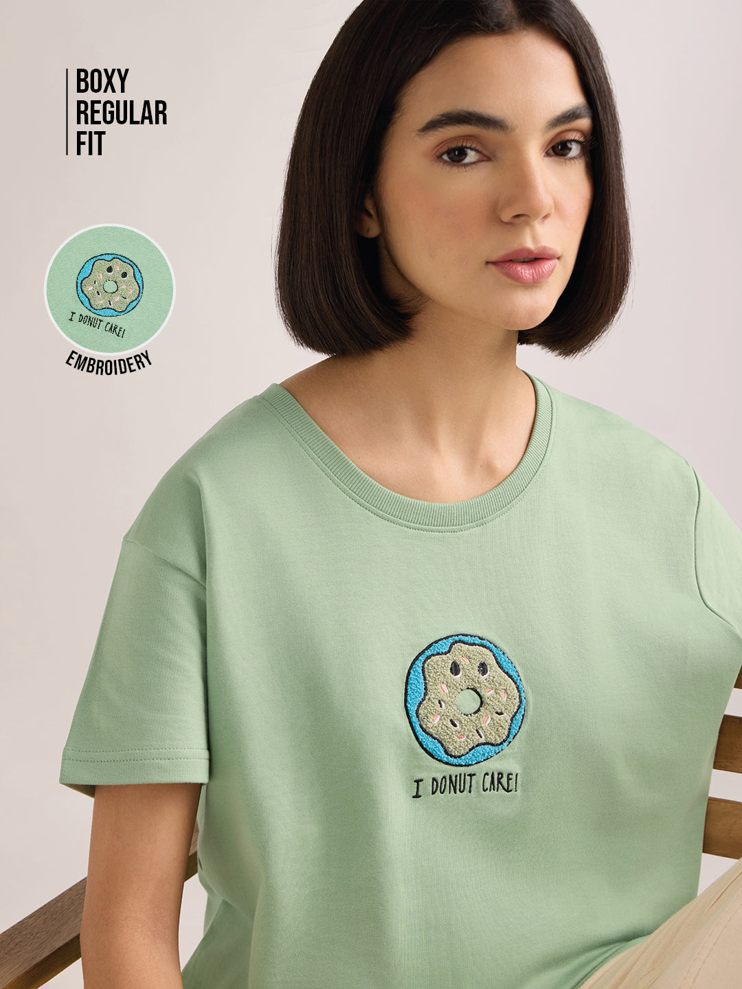 Womens Embroidery Boxy Regular Fit French Terry Cotton Tshirt