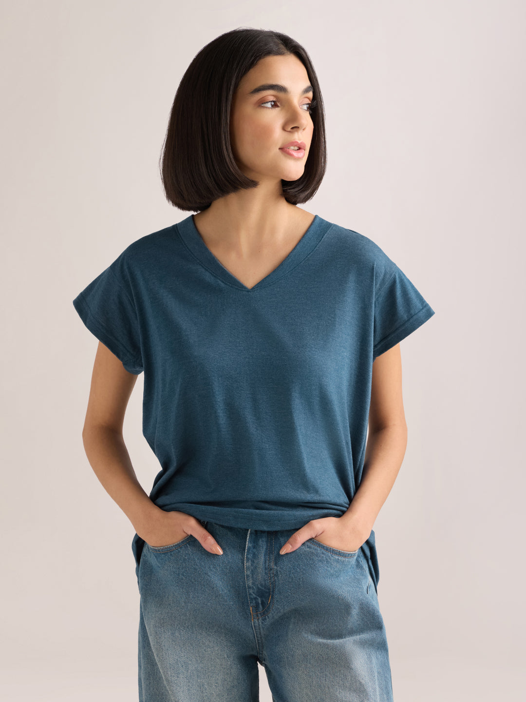 Womens Solid Regular Fit Poly Cotton  V-Neck Tshirt