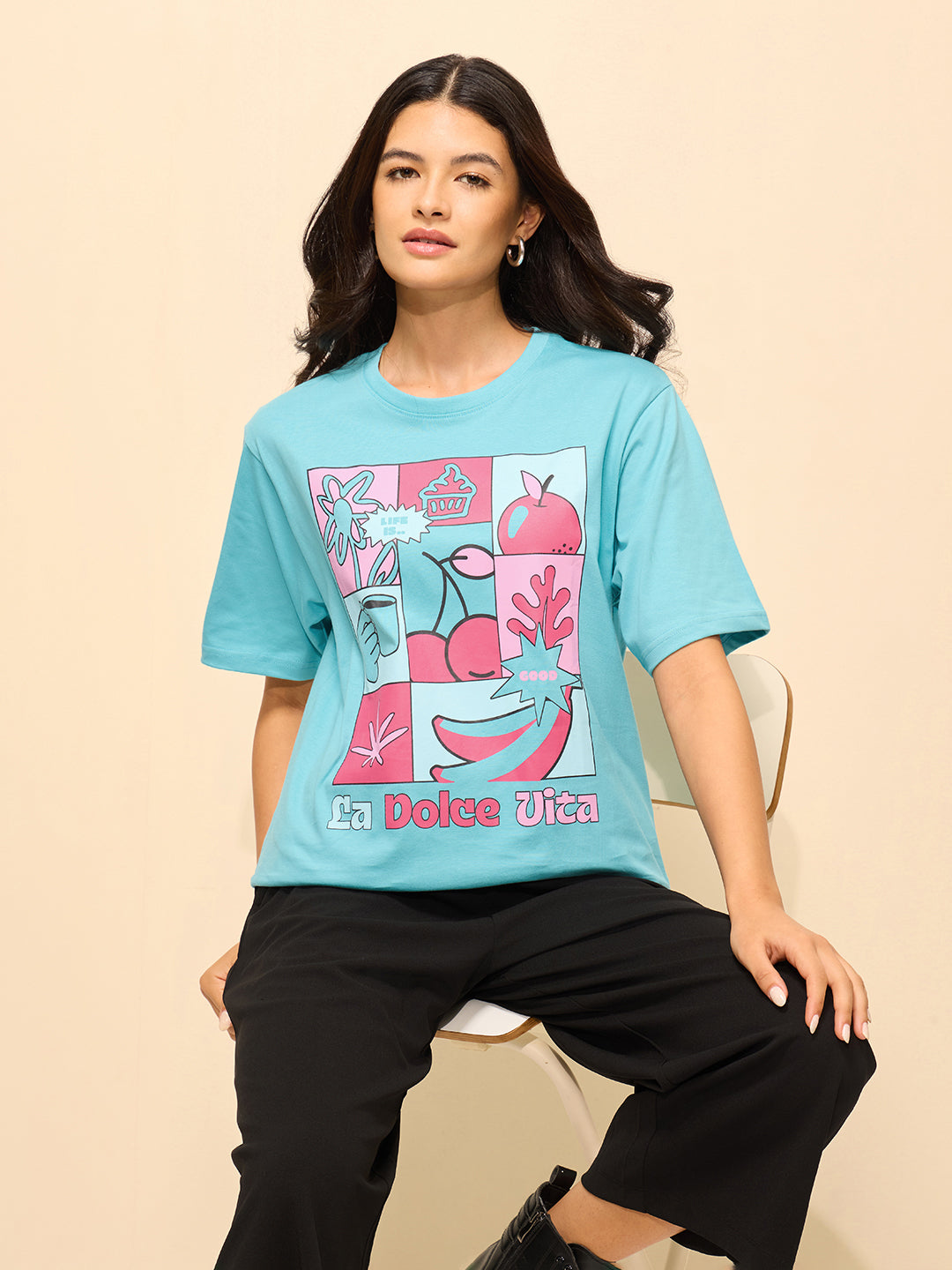 Womens Printed Oversized Fit Cotton T-Shirt
