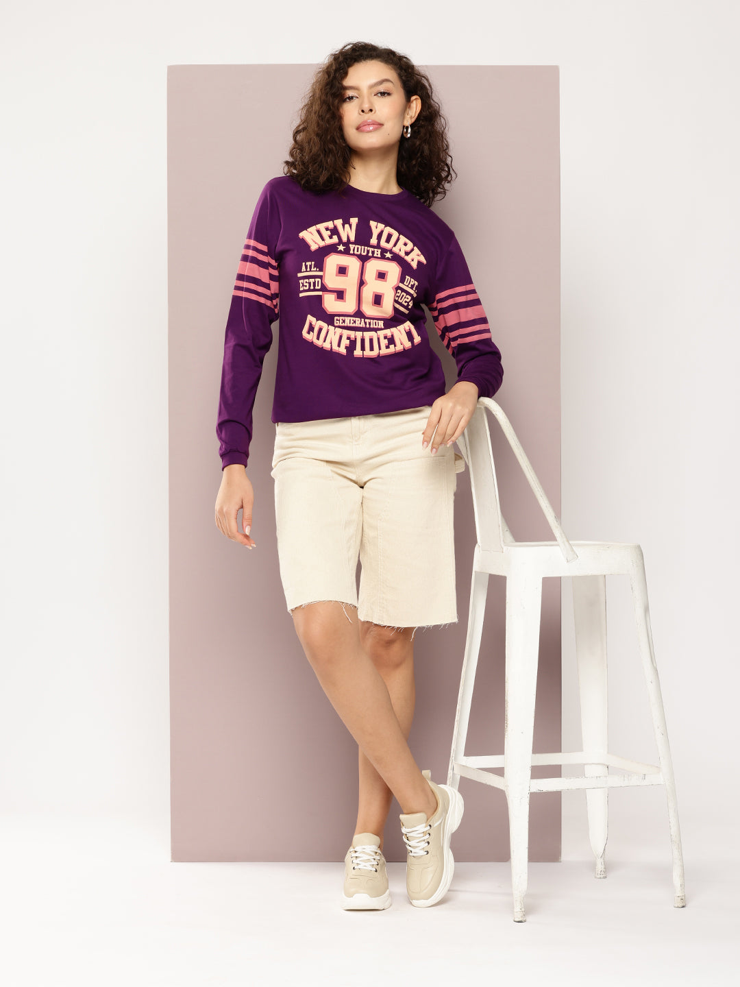 Womens Full Sleeve Round Neck Printed Oversized Fit Tshirts