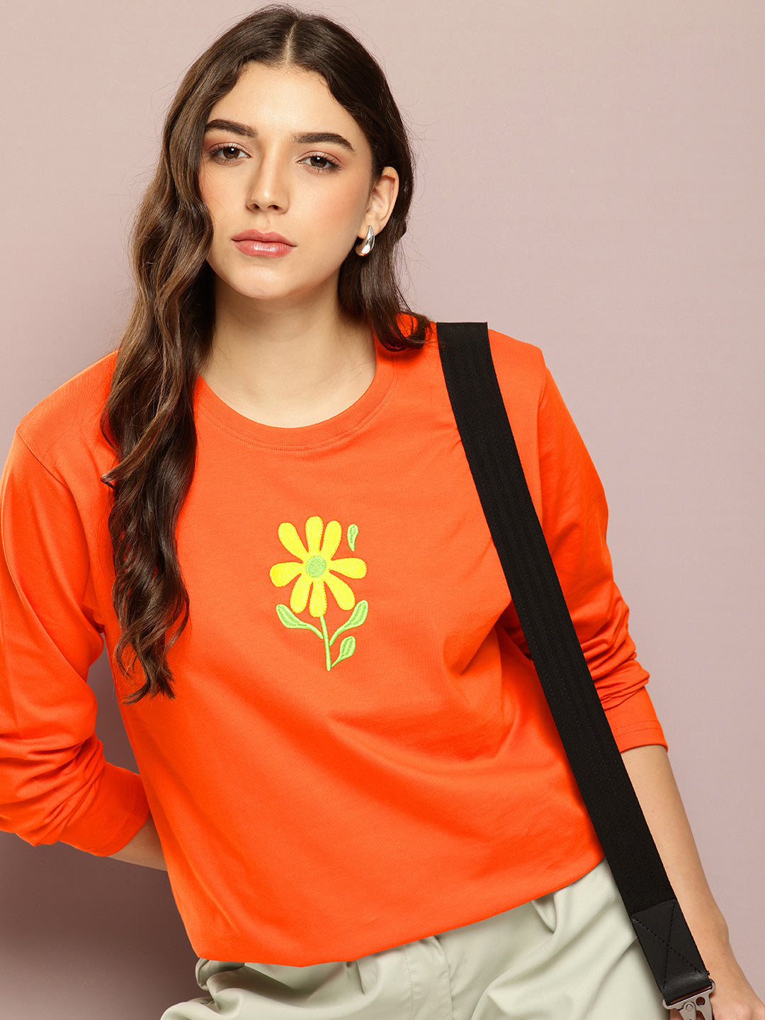 Womens Full Sleeve Round Neck Printed Oversized Fit Tshirts