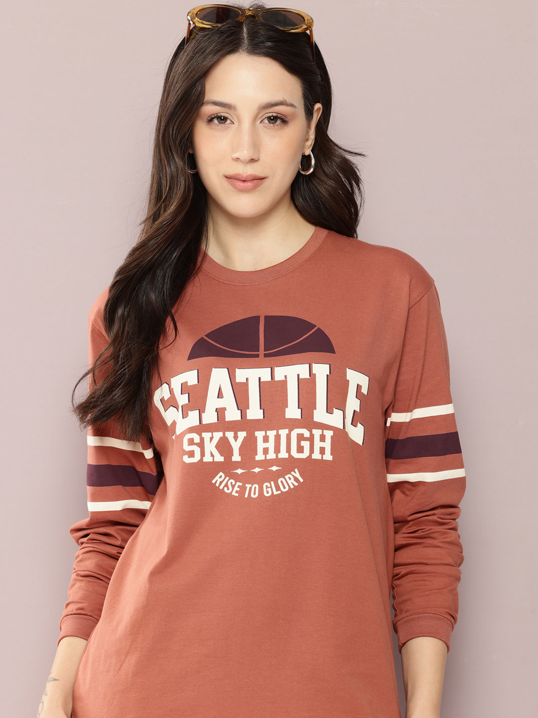 Womens Full Sleeve Round Neck Printed Oversized Fit Tshirts