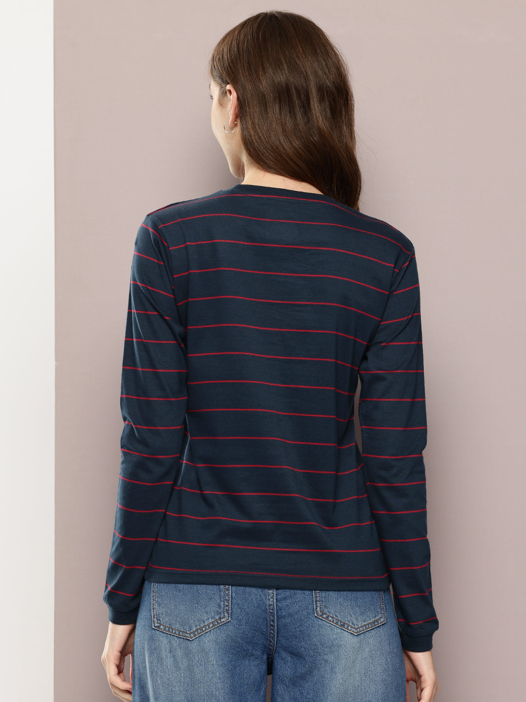 Womens Full Sleeve Round Neck Striped Regular Fit Tshirts