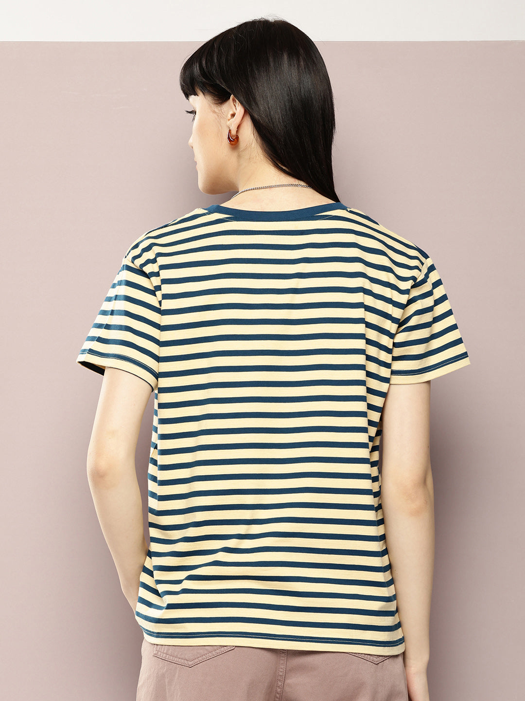Womens Half Sleeve Round Neck Striped Boxy Fit Tshirts
