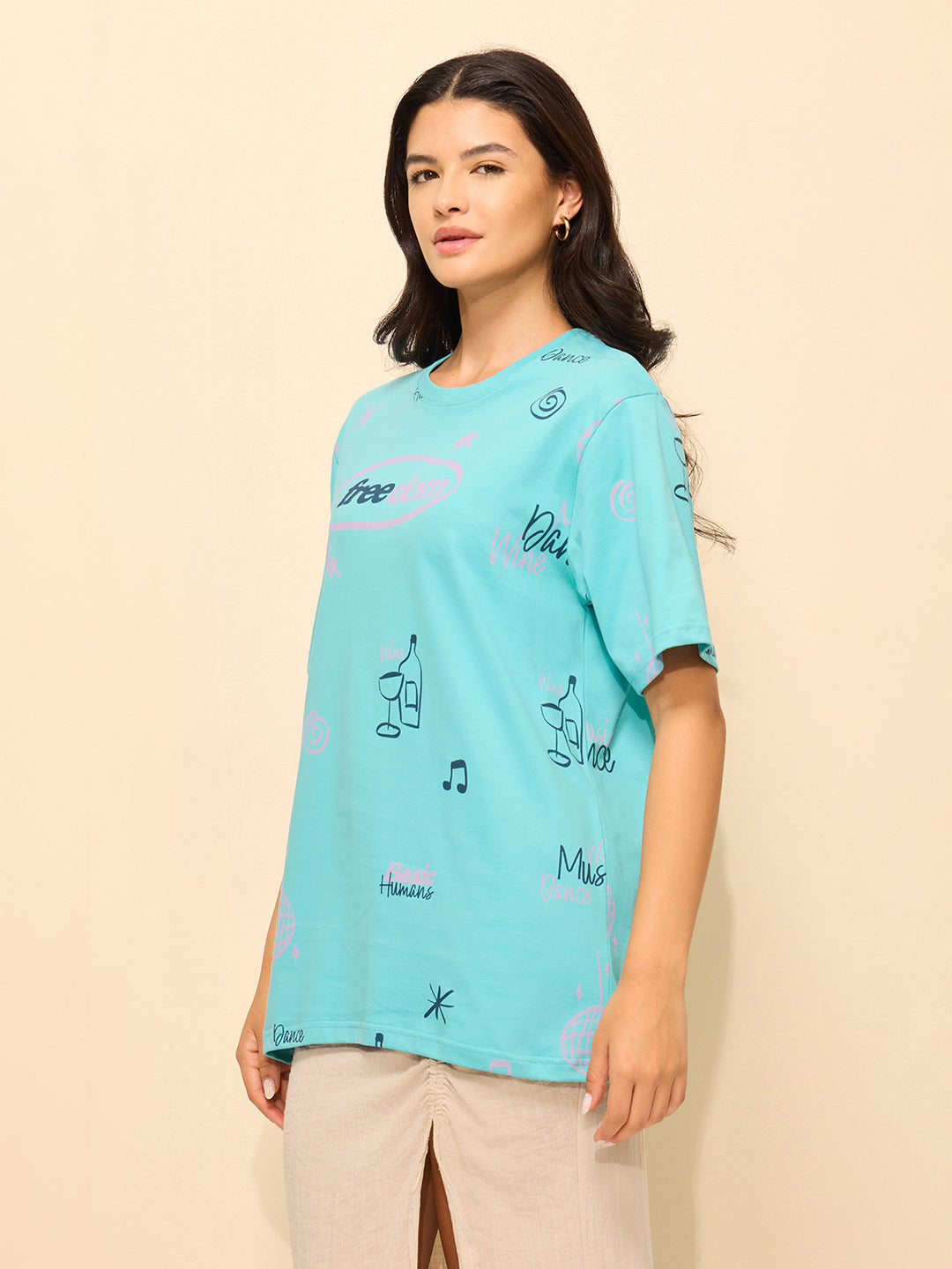 Womens All Over Printed Oversized Fit Cotton T-Shirt
