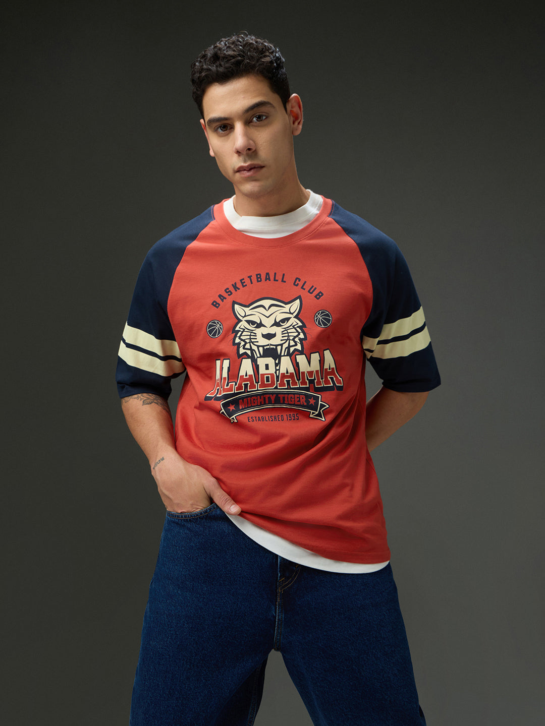 Mens Round Neck Raglan Sleeve Printed Oversized Fit Tshirt