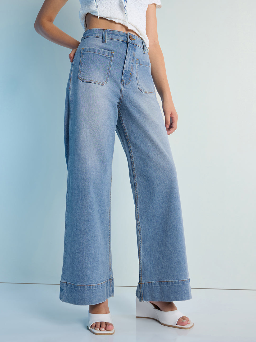 Womens Wide Leg Patch Pocket Denim Jeans Pant