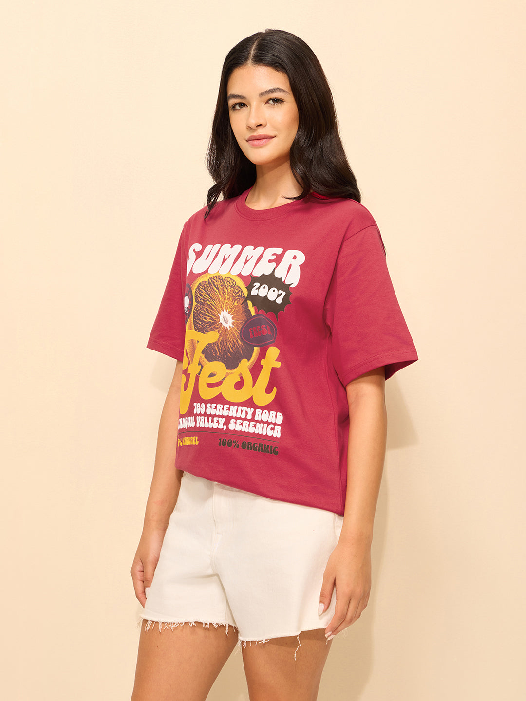Womens Printed Oversized Fit Cotton T-Shirt