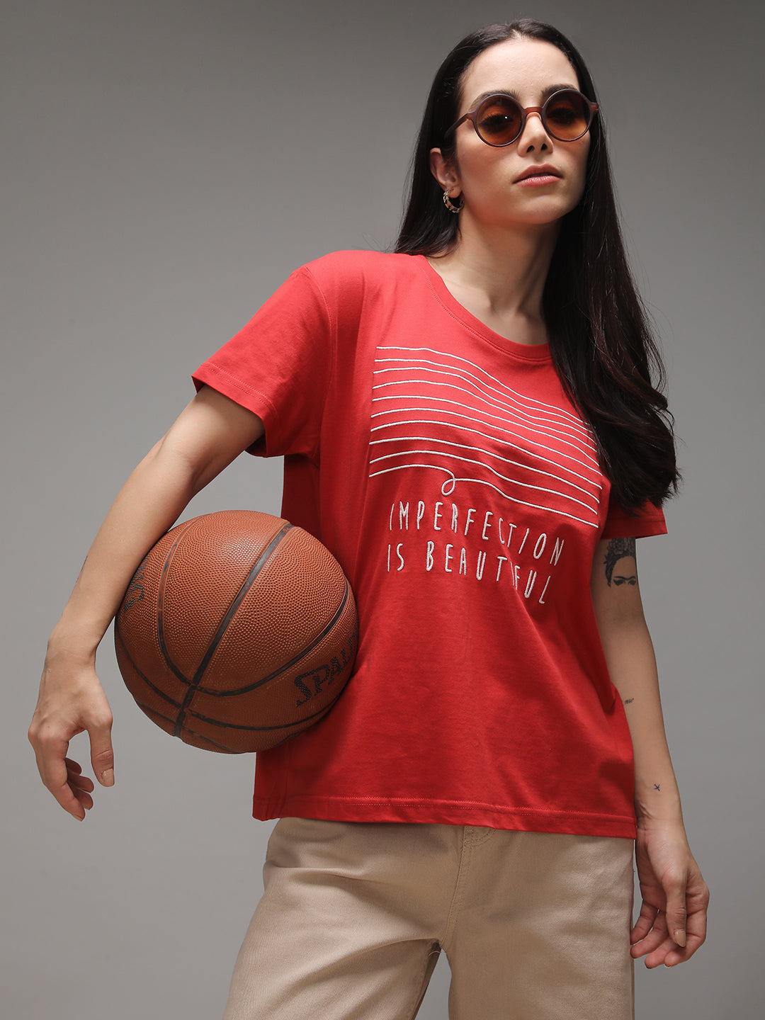 Womens Half Sleeve Round Neck Embroidery Boxy Fit Tshirts