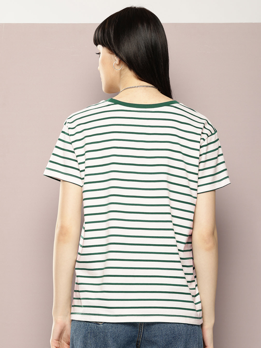 Womens Half Sleeve Round Neck Striped Boxy Fit Tshirts