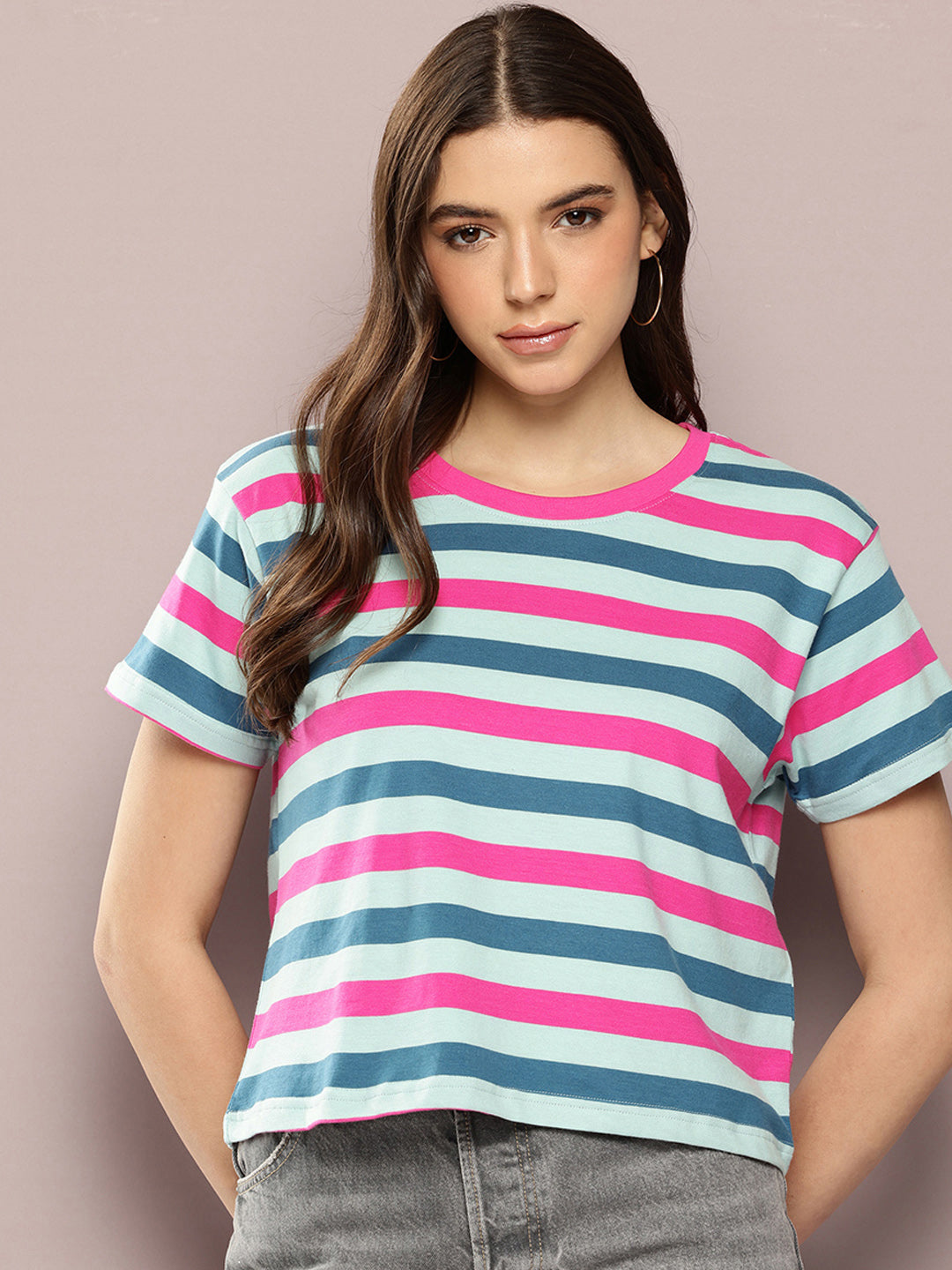 Womens Half Sleeve Round Neck All-Over Striped Boxy Fit Tshirts