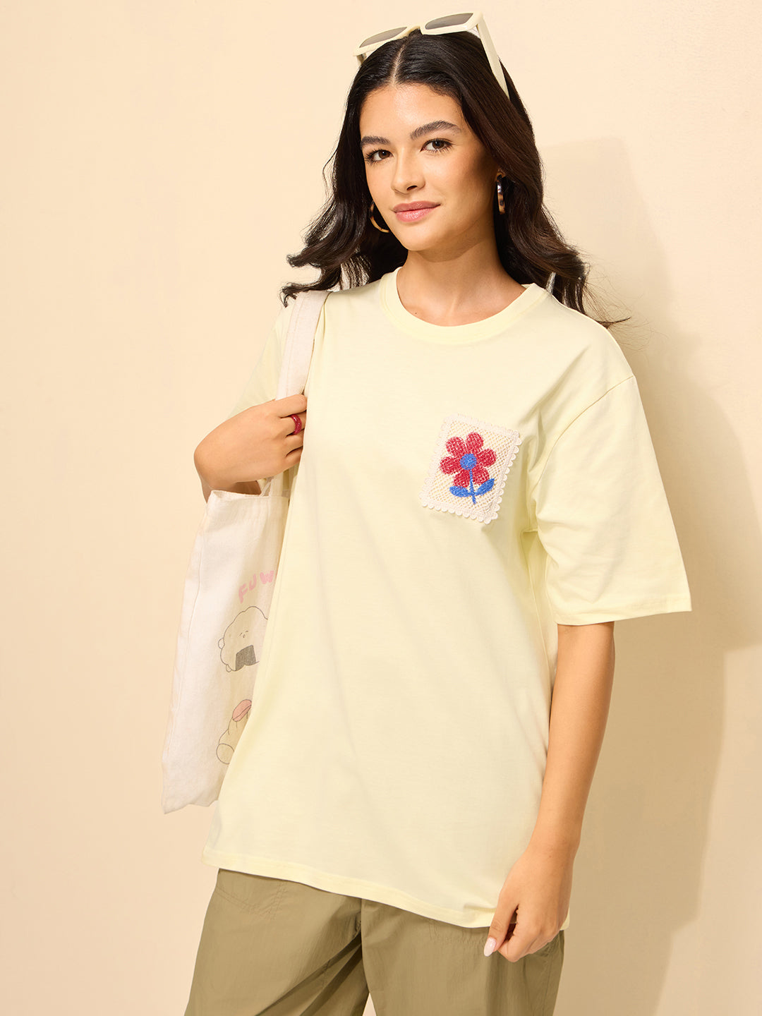 Womens Laces Detailed Oversized Fit Cotton T-Shirt