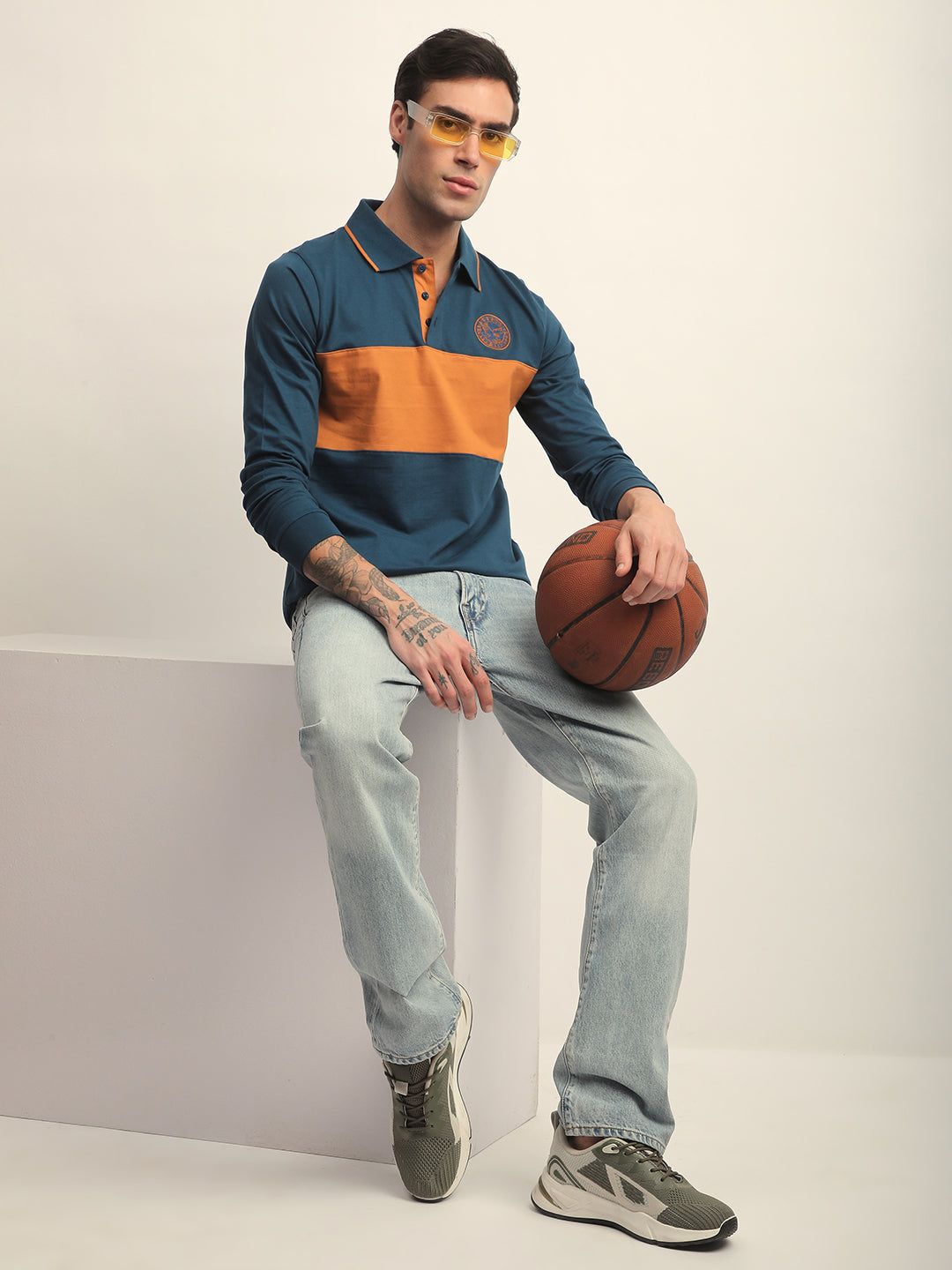 Mens Full Sleeve Polo Neck Self Design Regular Fit Tshirts