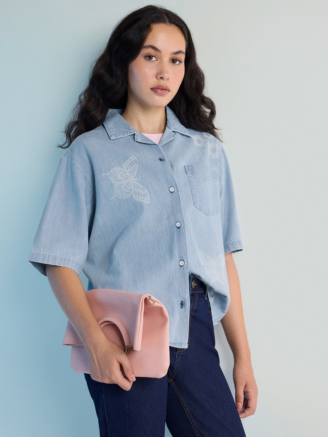 Womens Embroidery Boxy Regular Cuban Collar Neck Denim Shirt