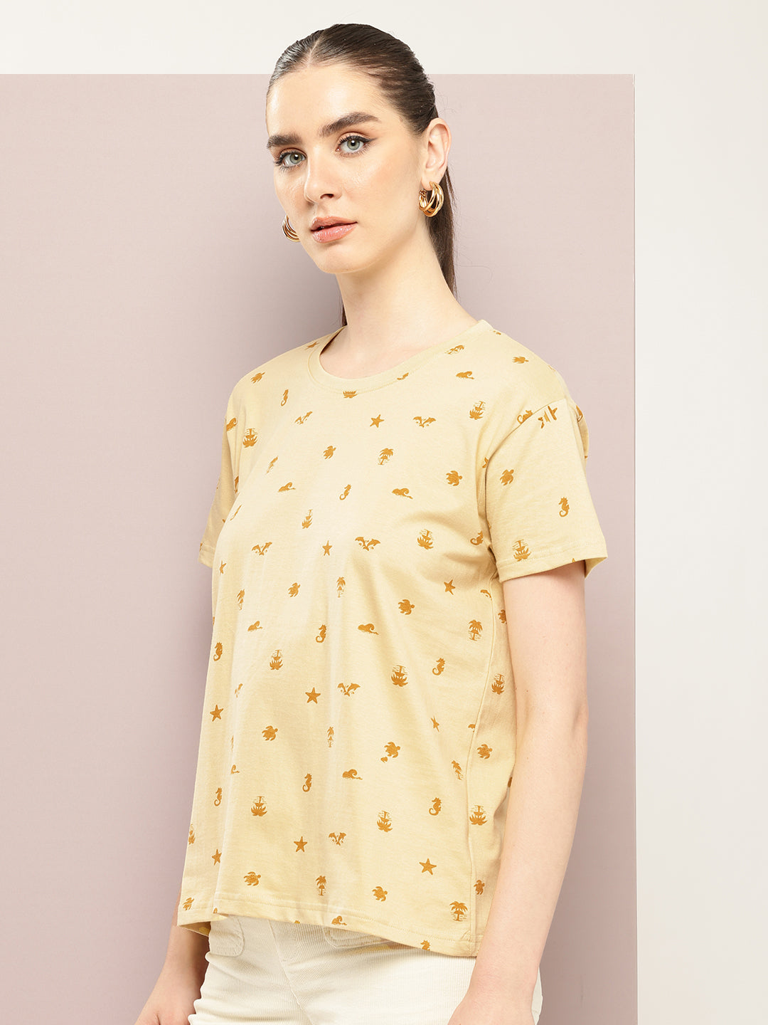 Womens Half Sleeve Round Neck All-Over Printed Boxy Fit Tshirts