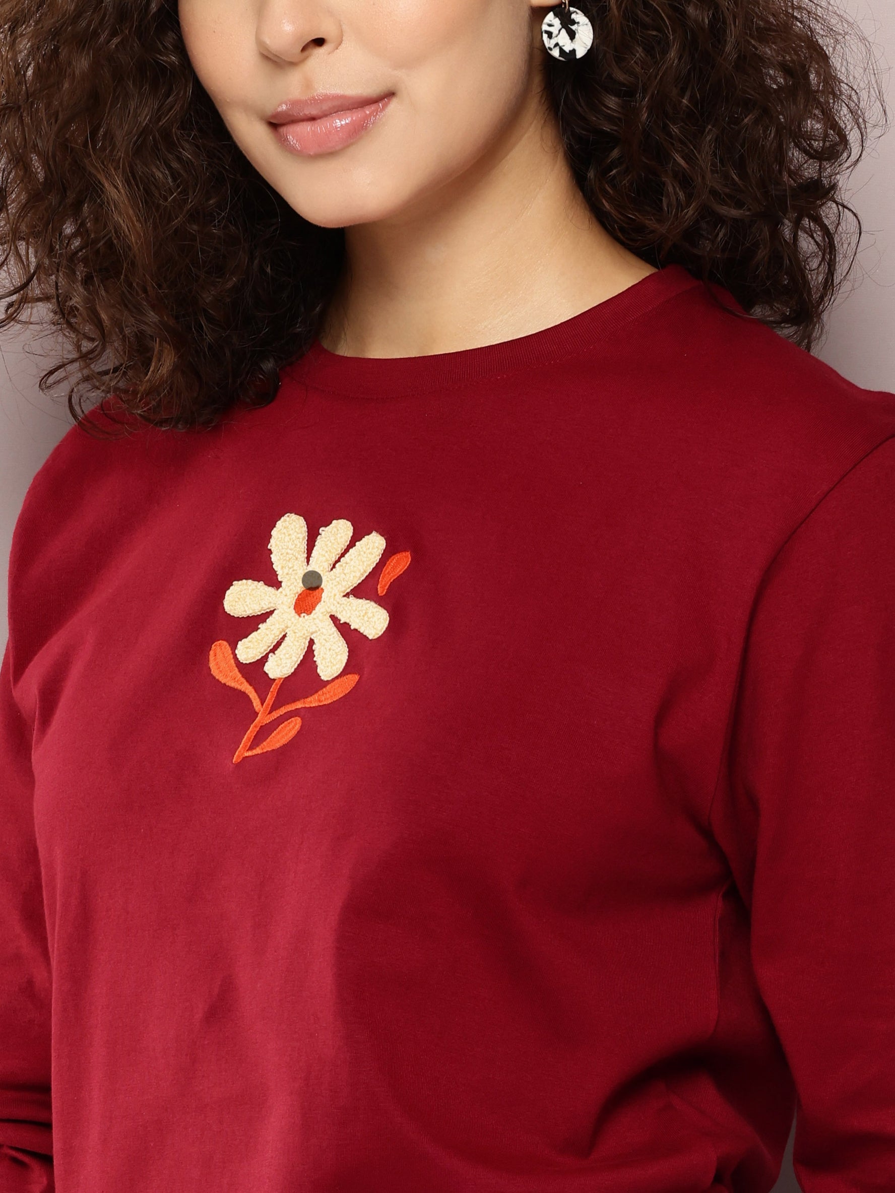 Womens Full Sleeve Round Neck Embroidered Oversized Fit Tshirts