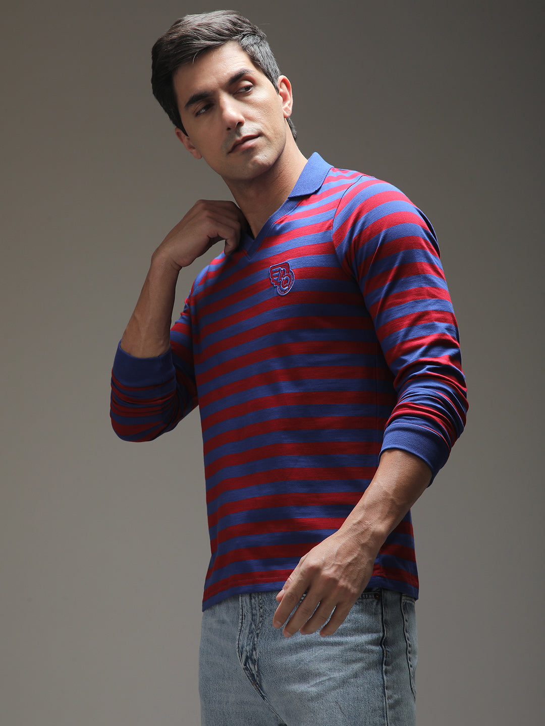 Mens Full Sleeve Polo Neck Striped Regular Fit Tshirts