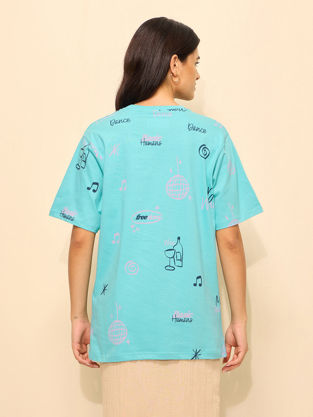 Womens All Over Printed Oversized Fit Cotton T-Shirt