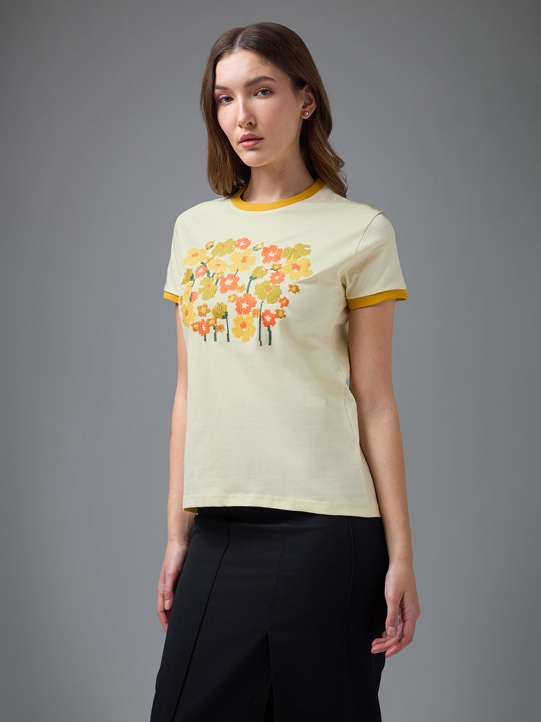 Womens Embroidery Round Neck Regular Fit Tshirt