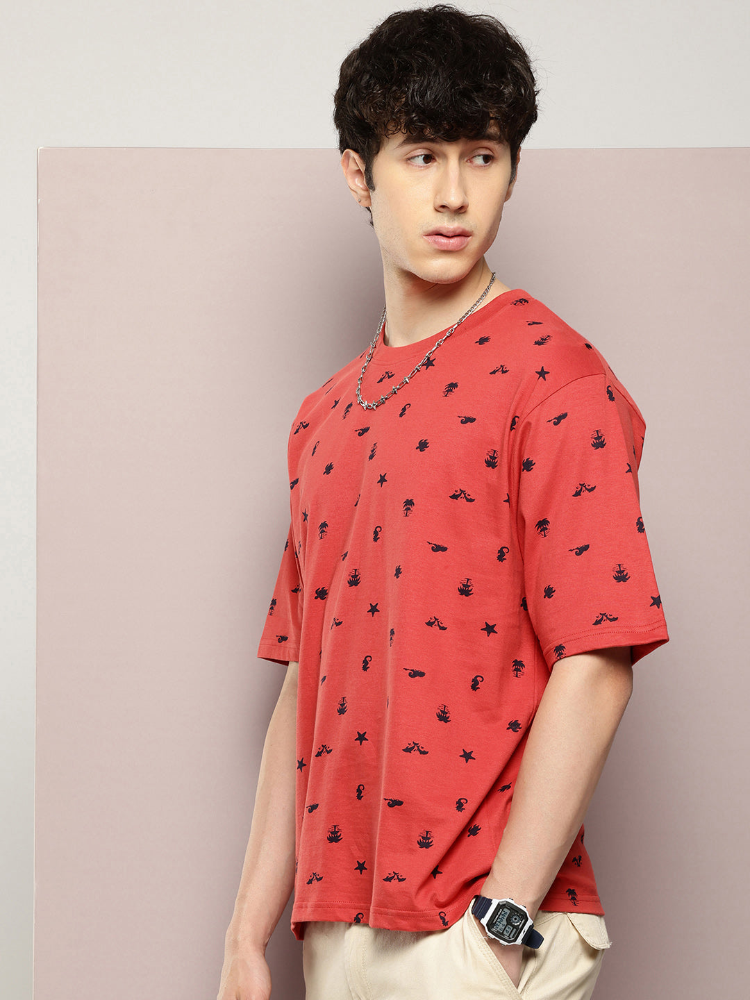 Mens Half Sleeve Round Neck All-Over Printed Oversized Fit Tshirts