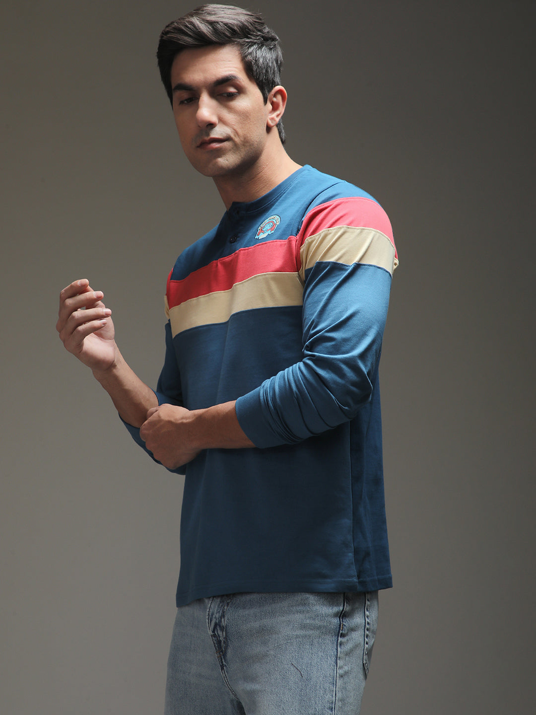 Mens Full Sleeve Henley Neck Printed Regular Fit Tshirts