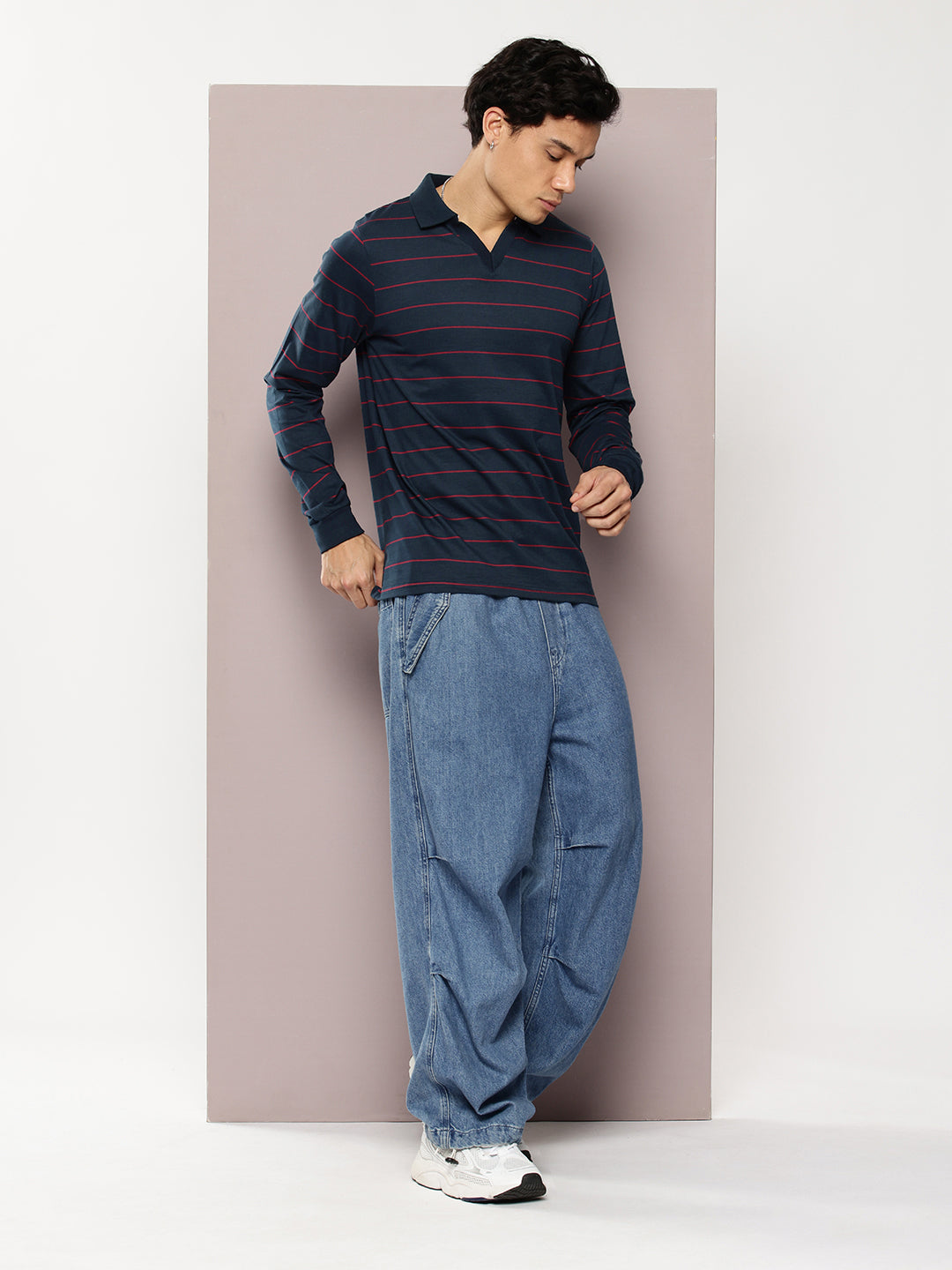 Mens Full Sleeve Polo Neck Striped Regular Fit Tshirts