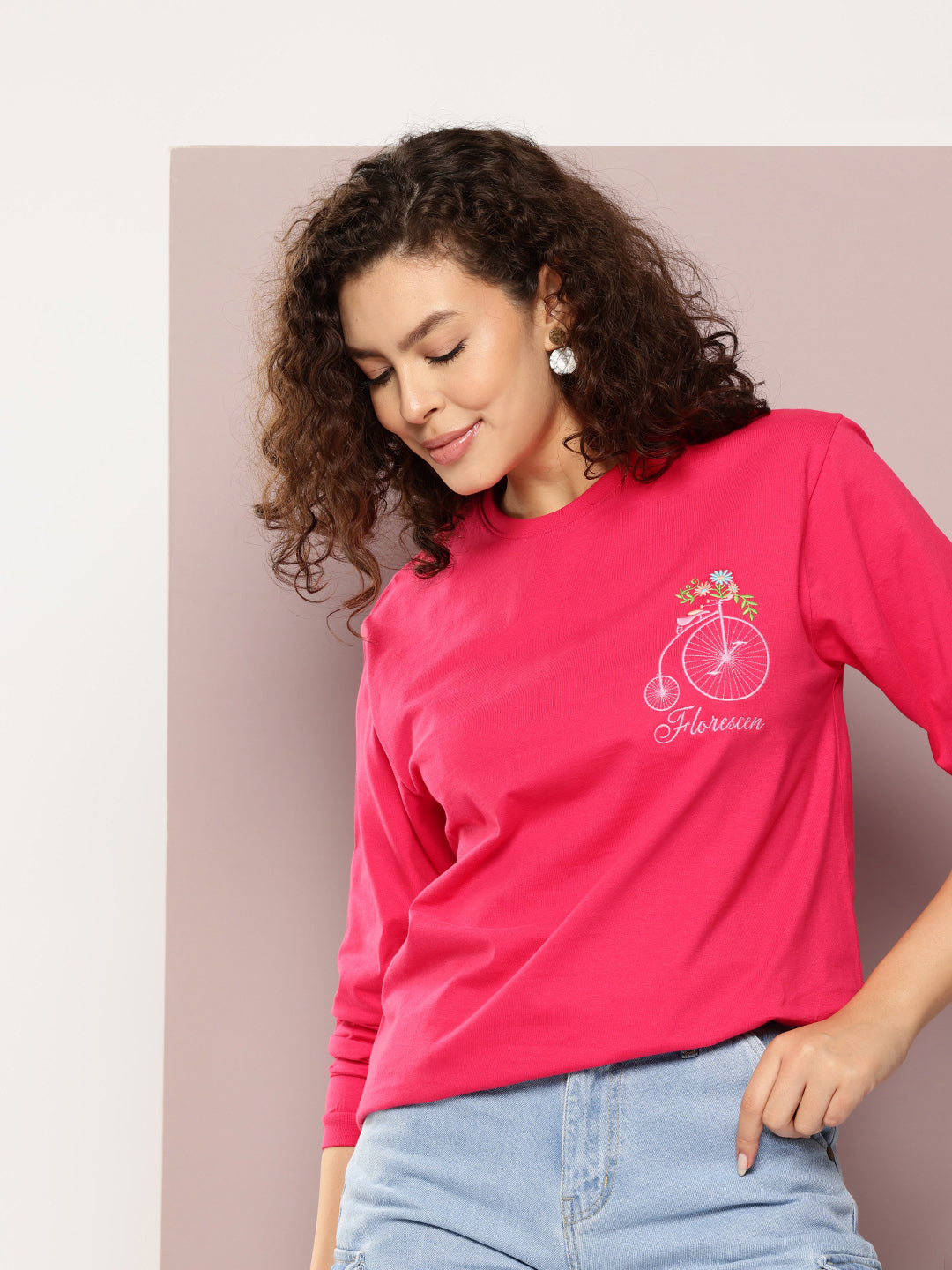 Womens Full Sleeve Round Neck Embroidered Oversized Fit Tshirts