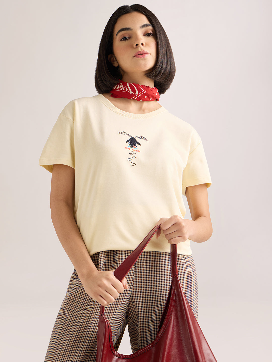 Womens Embroidery Boxy Regular Fit French Terry Cotton Tshirt