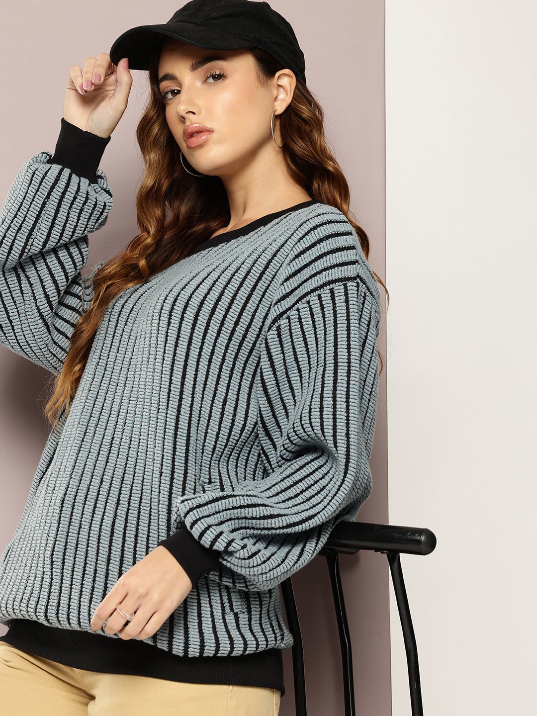 Women Long Sleeve Oversized Striped Sweatshirt