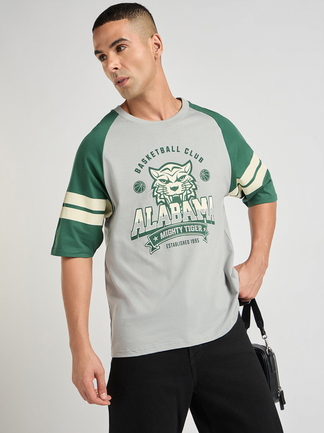Mens Printed Oversized Raglan Sleeve Round Neck Tshirt
