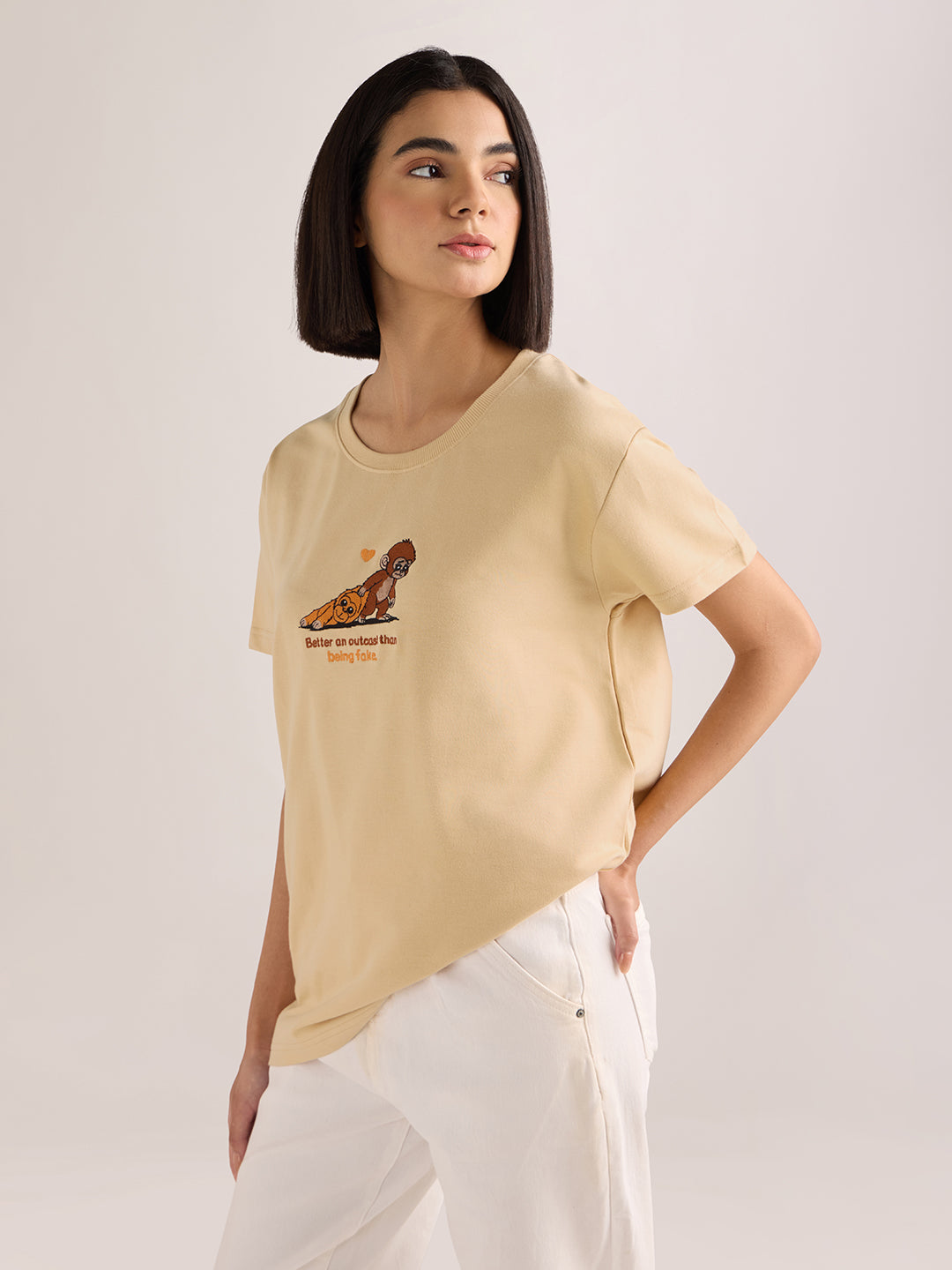 Womens Embroidery Boxy Regular Fit French Terry Cotton Tshirt