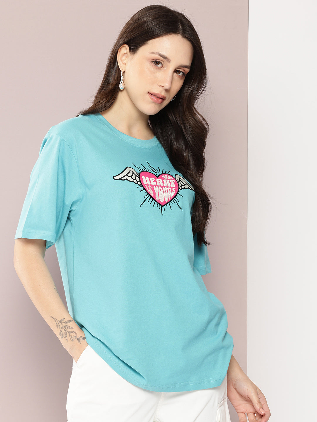 Womens Half Sleeve Round Neck Embroidered Oversized Fit Tshirts