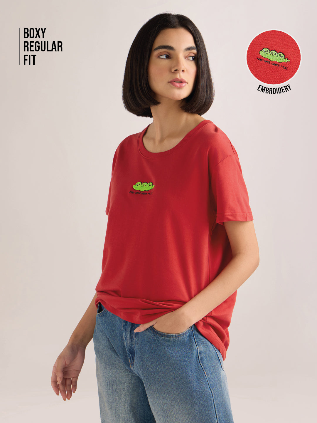 Womens Embroidery Boxy Regular Fit French Terry Cotton Tshirt