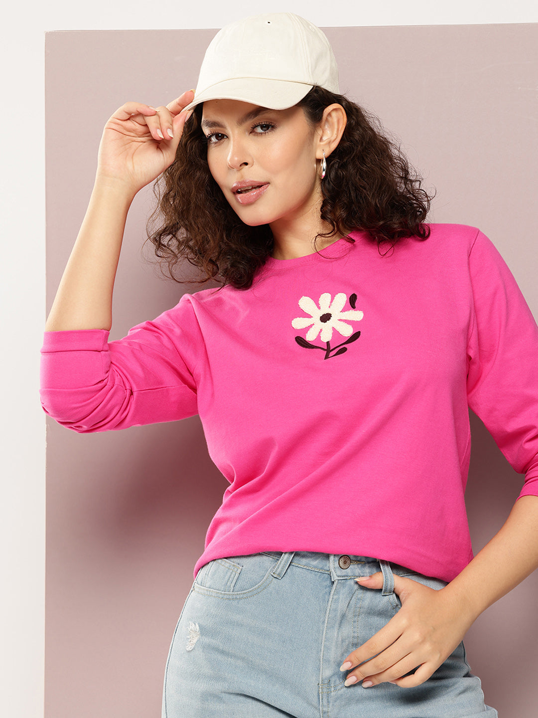 Womens Full Sleeve Round Neck Embroidered Oversized Fit Tshirts