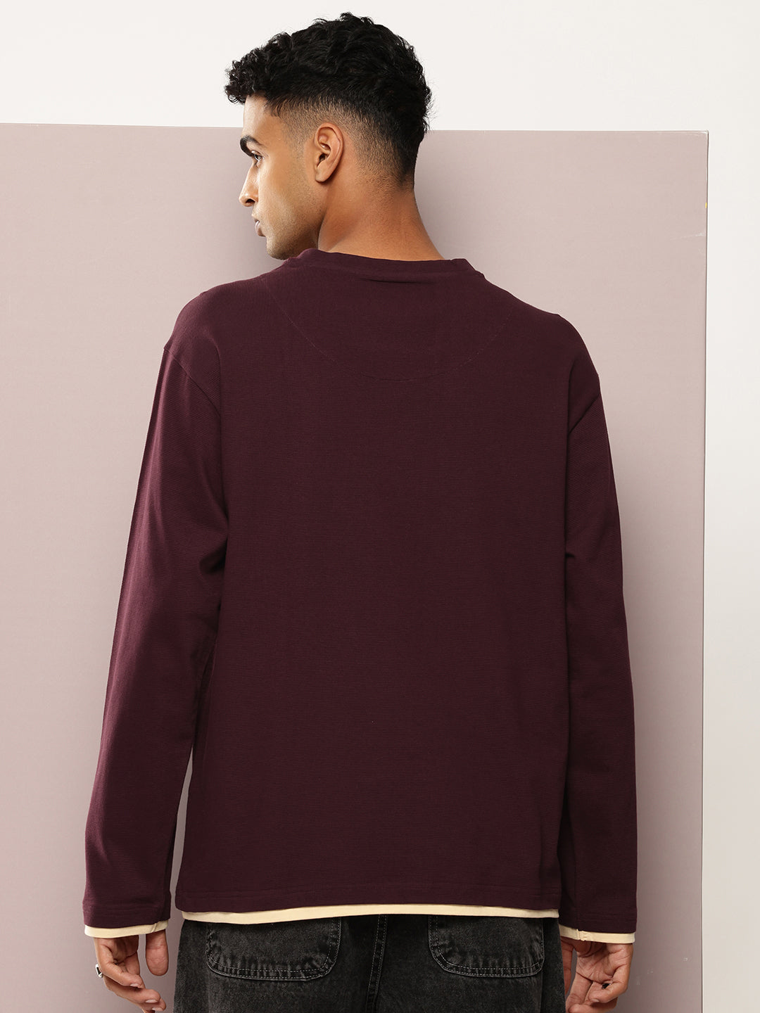 Mens Full Sleeve V-Neck Solid Oversized Fit Tshirts