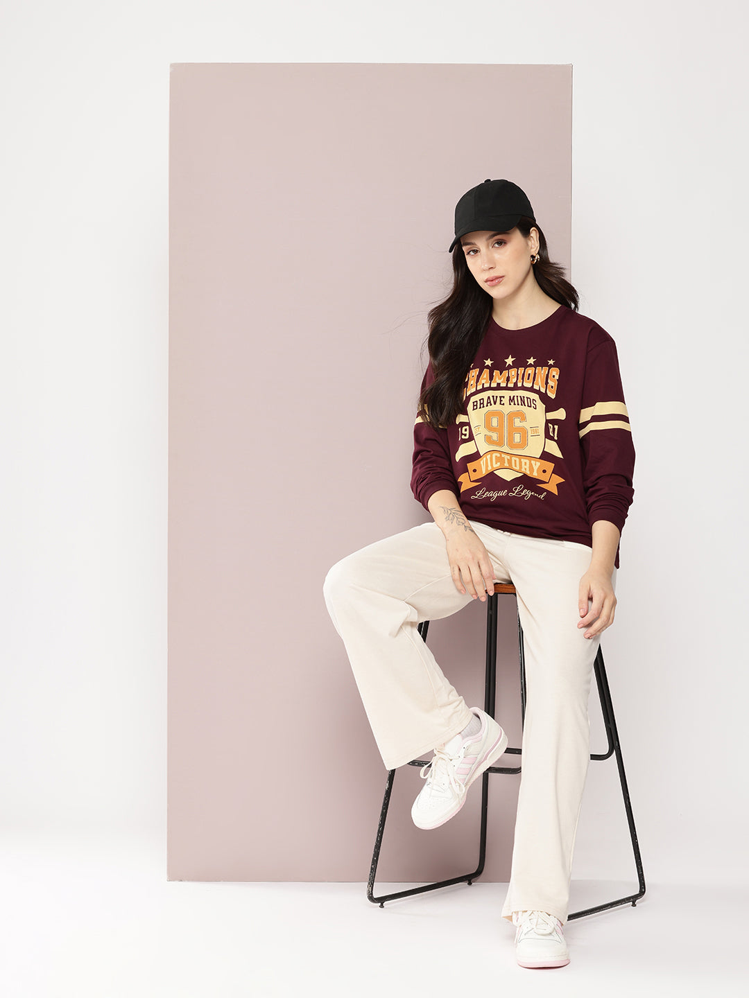 Womens Full Sleeve Round Neck Printed Oversized Fit Tshirts