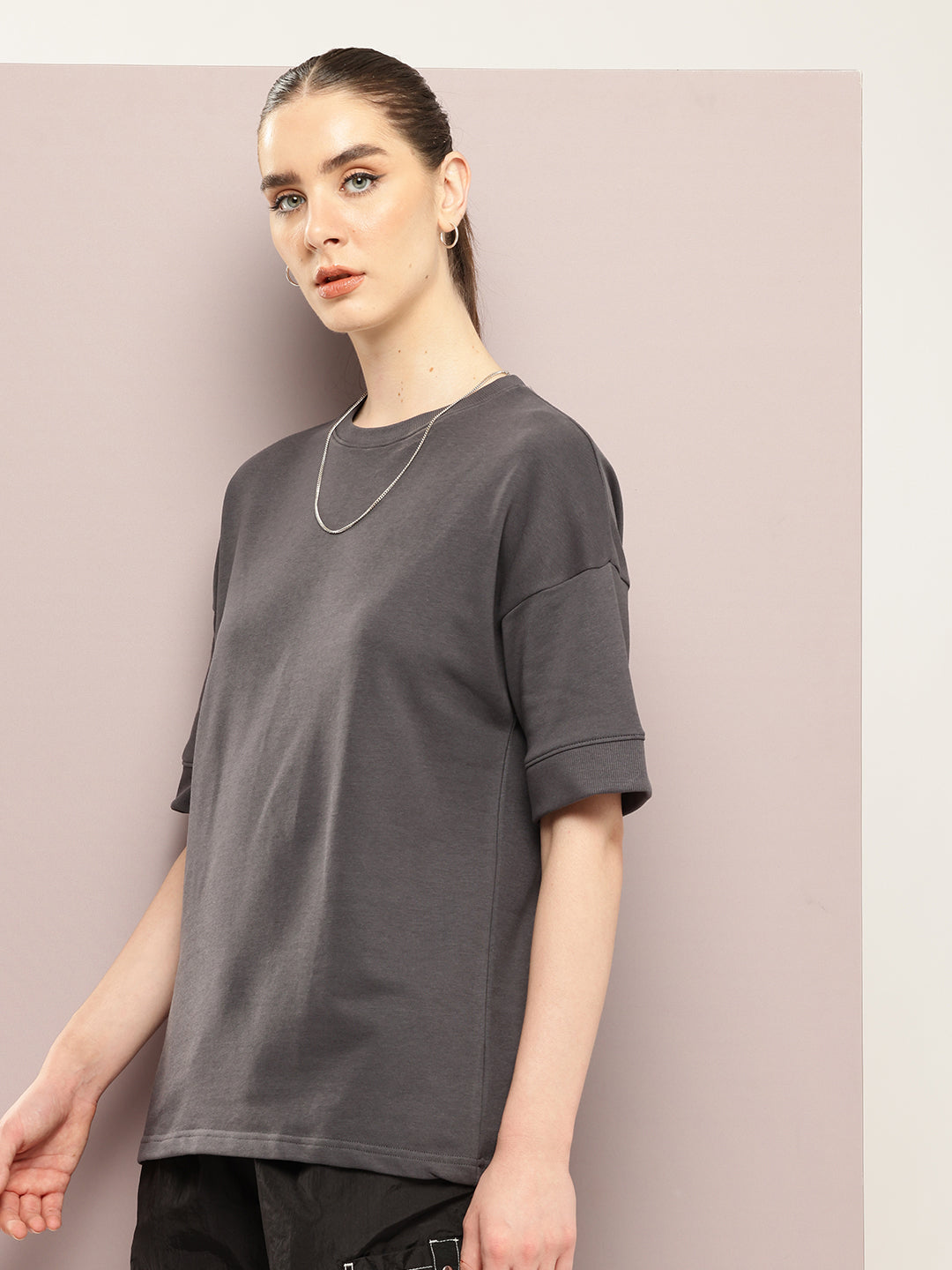 Womens Half Sleeve Round Neck Solid Oversized Fit Tshirts