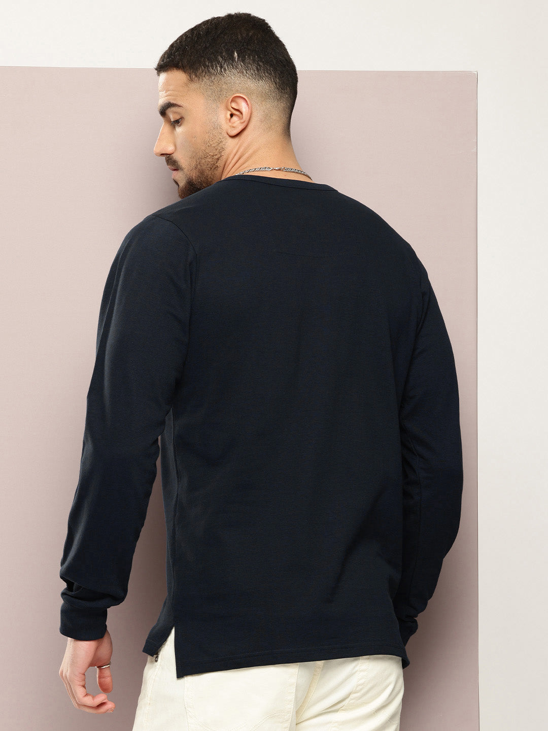 Mens Full Sleeve Henley Neck Solid Regular Fit Tshirts