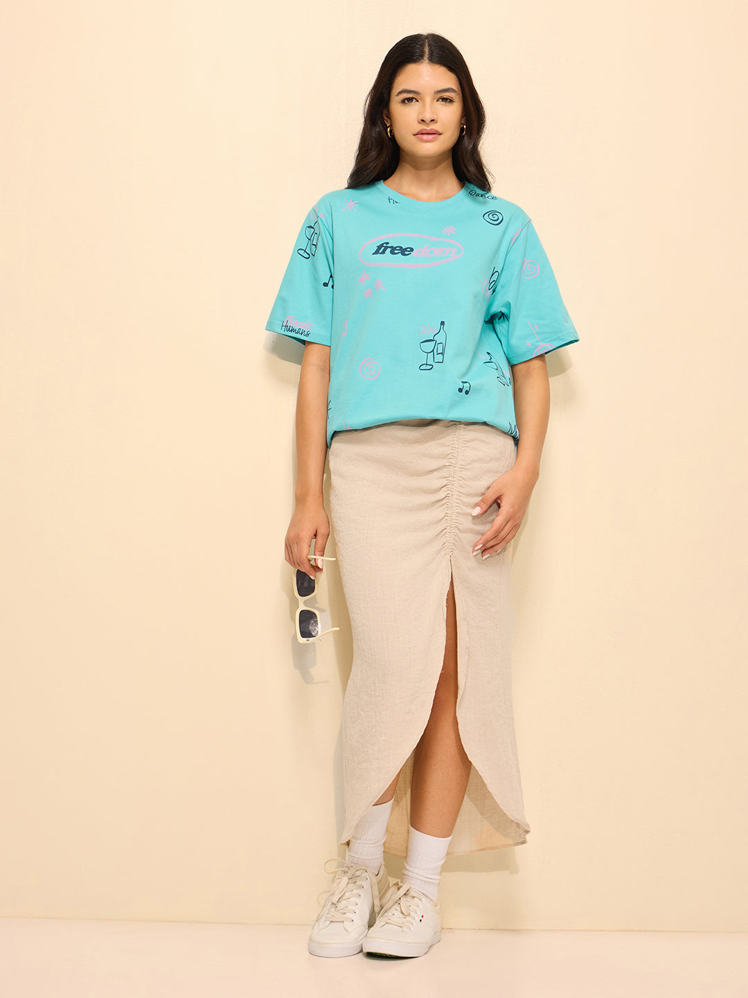 Womens All Over Printed Oversized Fit Cotton T-Shirt