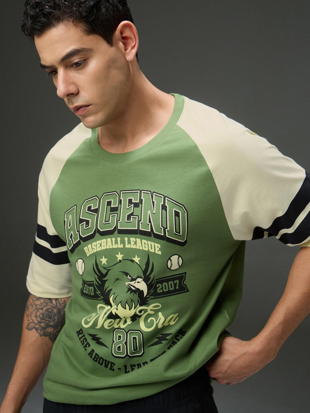 Mens Round Neck Raglan Sleeve Printed Oversized Fit Tshirt