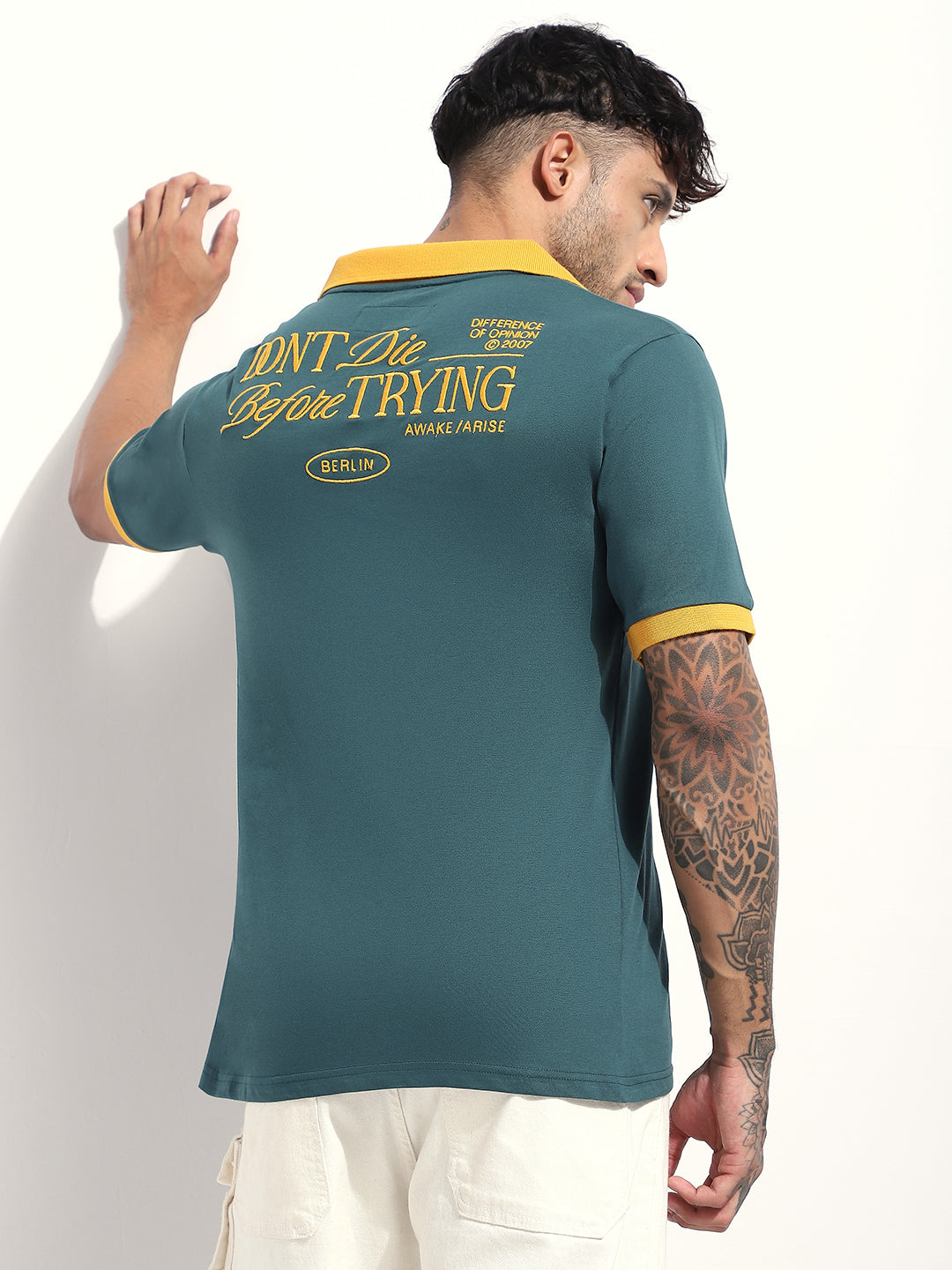 Mens Half Sleeve Polo Neck Back Embroidered Relaxed Fit Tshirts