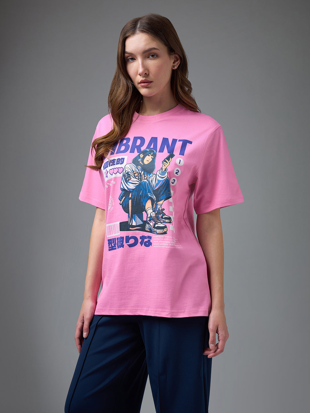 Womens Printed Round Neck Oversized Fit Tshirt
