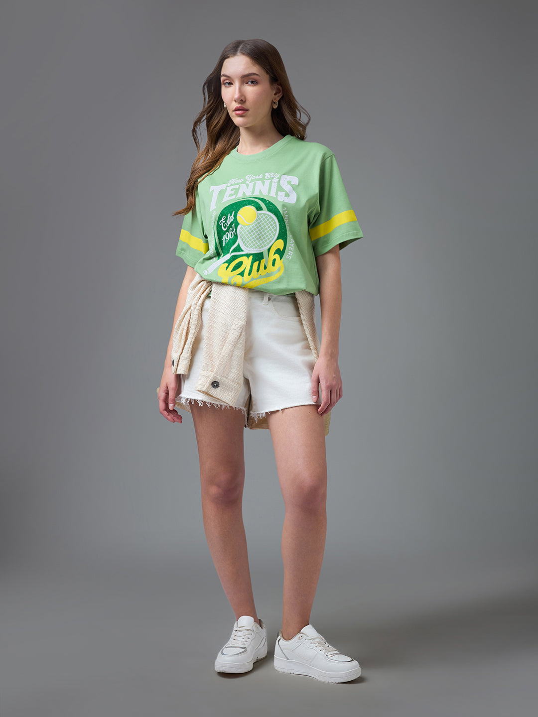 Womens Printed Round Neck Oversized Fit Tshirt
