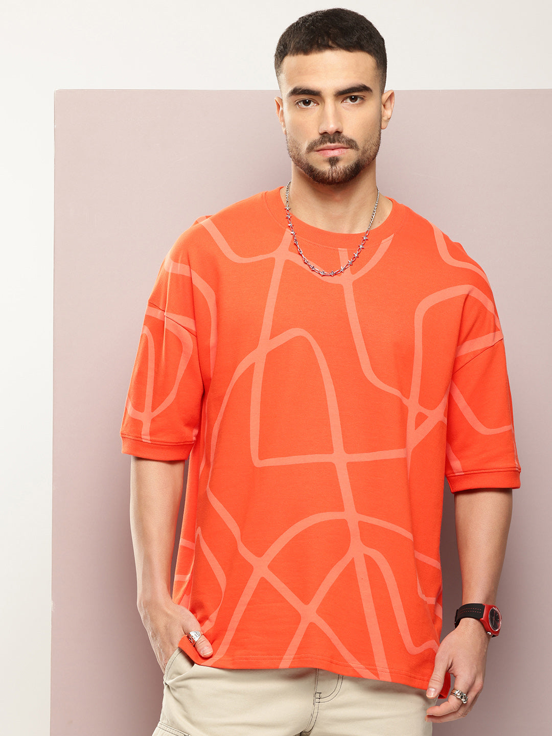 Mens Half Sleeve Round Neck All-Over Printed Oversized Fit Tshirts