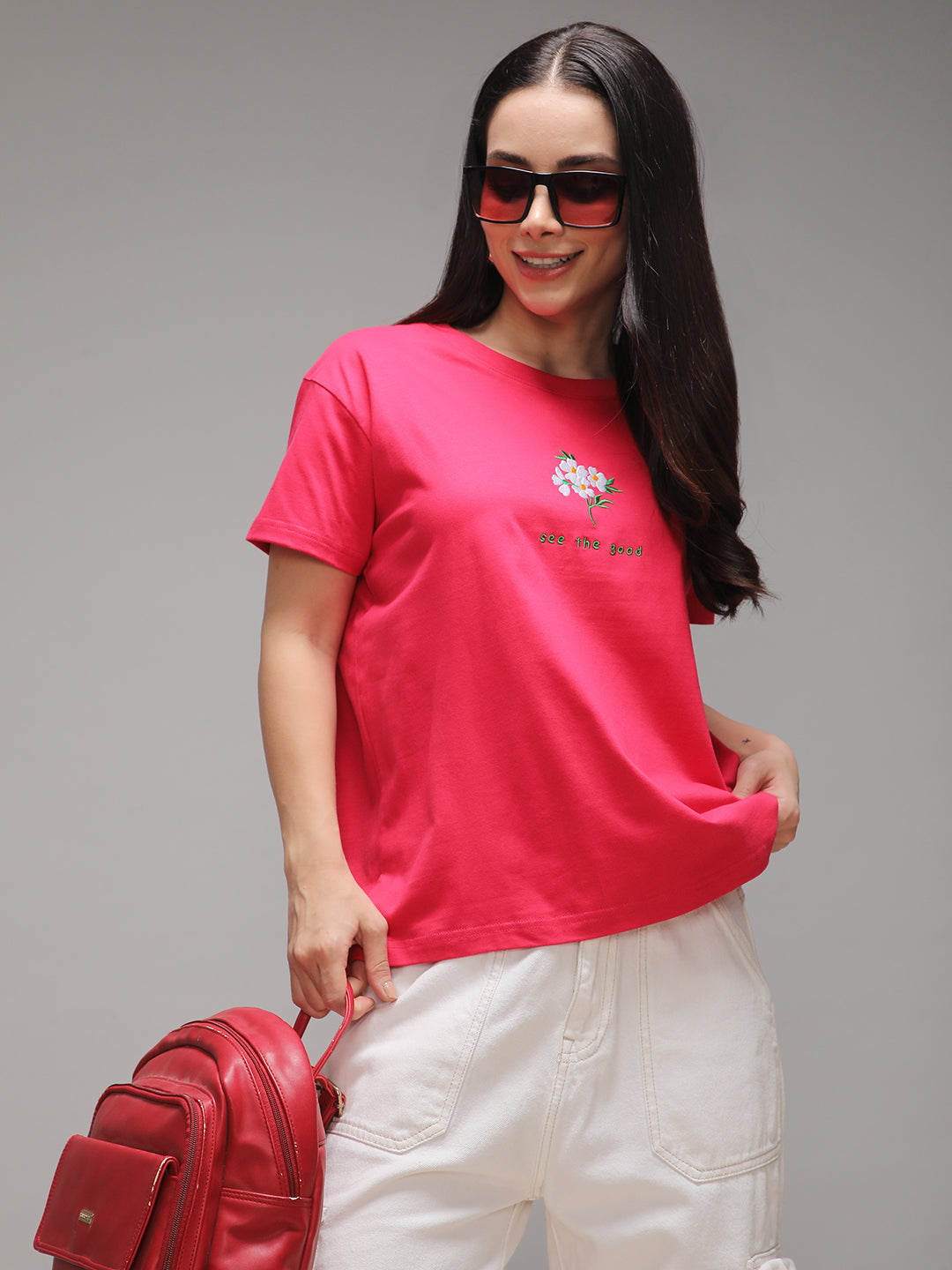 Womens Half Sleeve Round Neck Embroidery Boxy Fit Tshirts